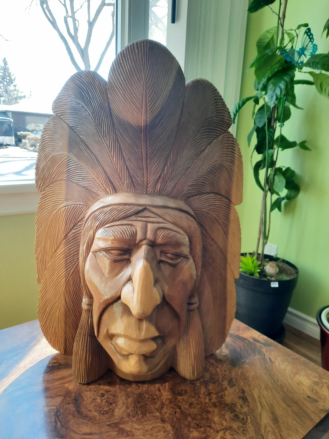 Large Carved Wooden Chief Head Sculpture - photo 2
