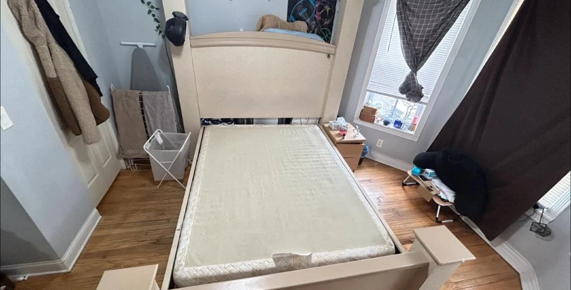 Beige Wooden Bed Frame with Headboard - photo 3