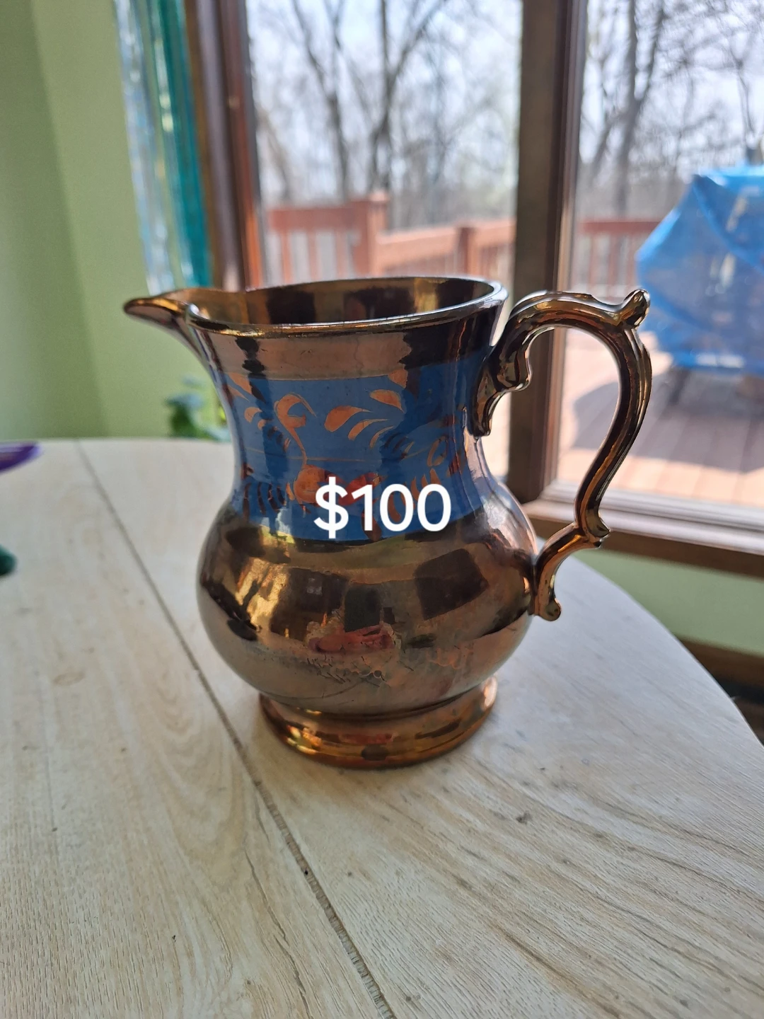 Decorative Copper Pitcher with Blue and Orange Accents