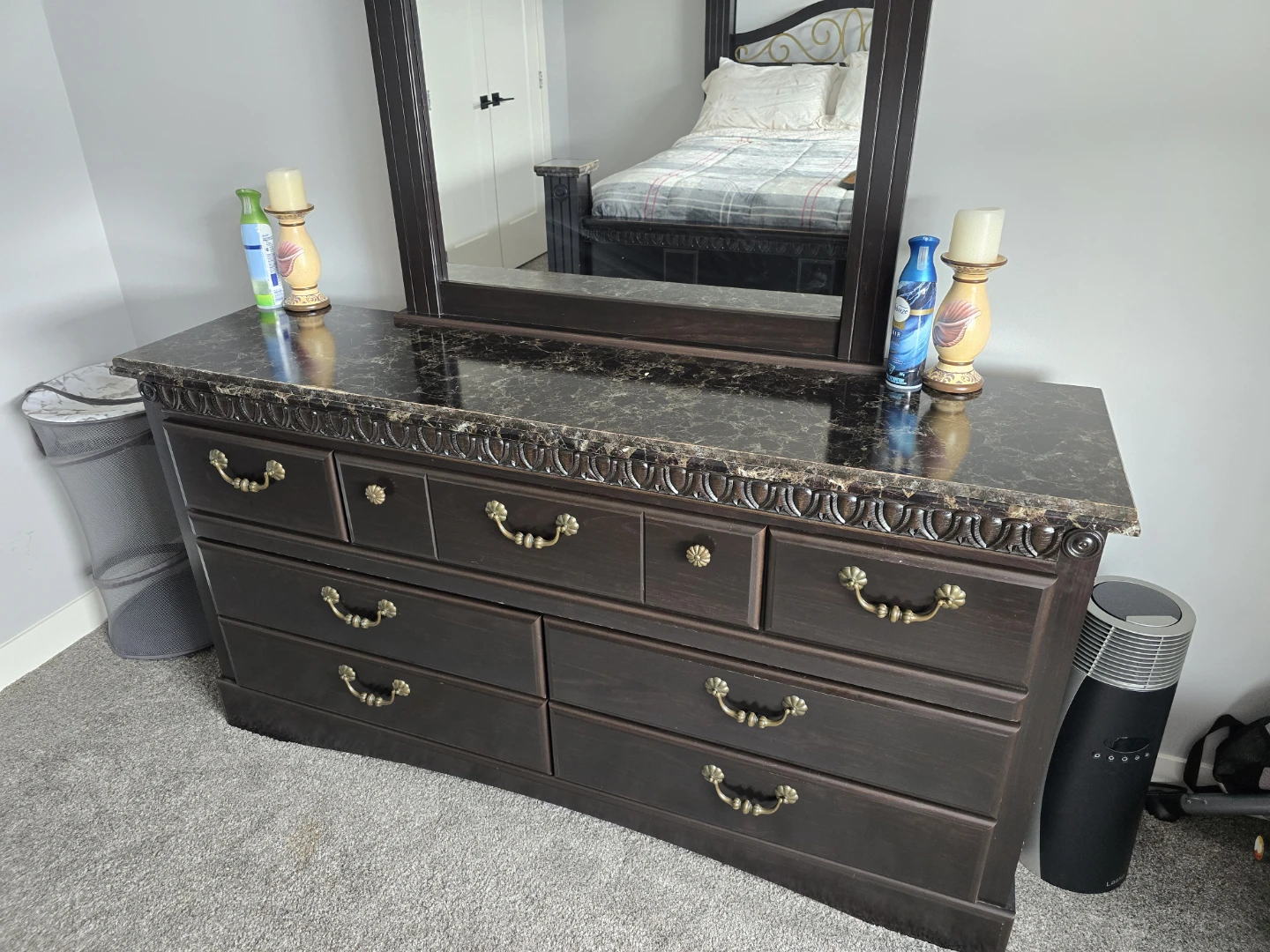 Dark Wood Bedroom Set with Marble Accents