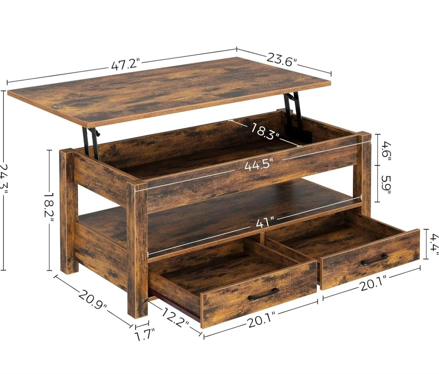 47" Lift Top Coffee Table with Drawers and Hidden Compartment - photo 5