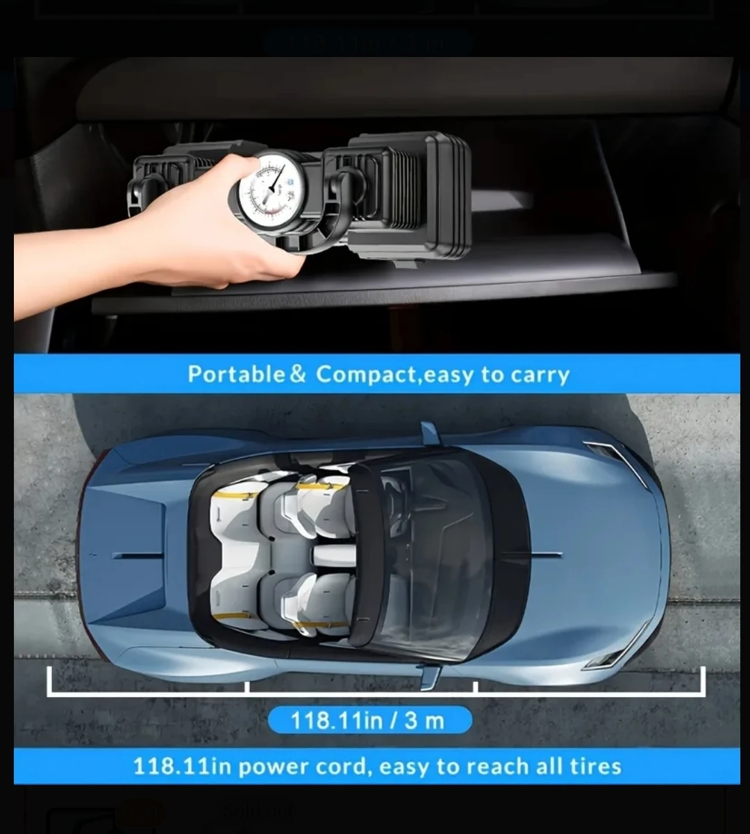 NEW Powerful Twin Cylinder Air Pump Tire Pressure 12V DC 3m Long - photo 2
