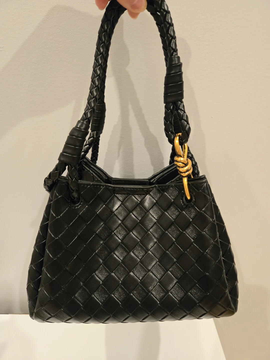 Black Woven Leather Tote Crossbody Handbag