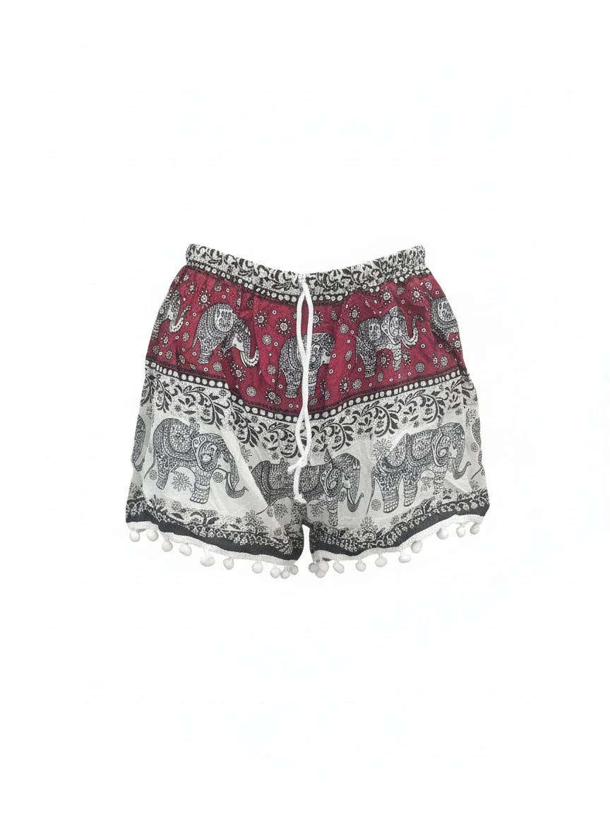 Women's Elephant Print Shorts with Pom-Pom Trim