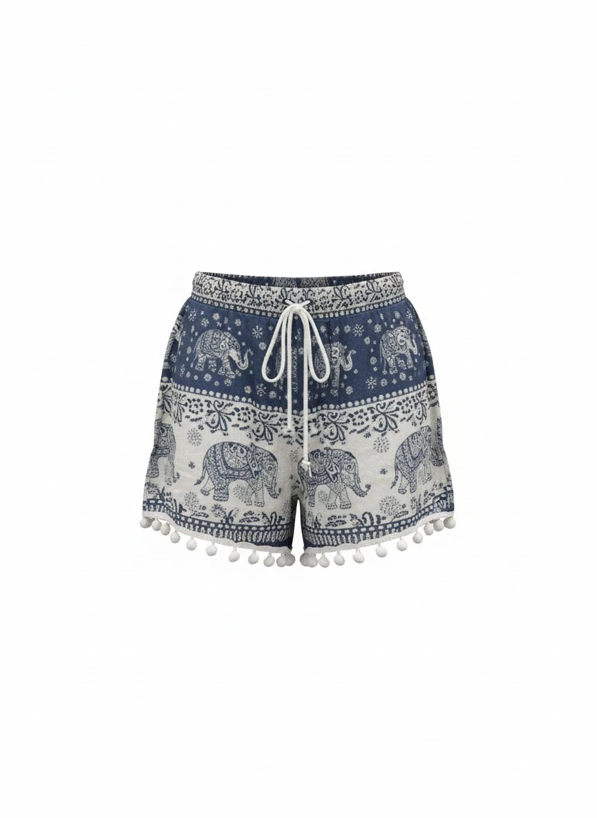 Women's Elephant Print Shorts with Pom-Pom Trim - photo 4