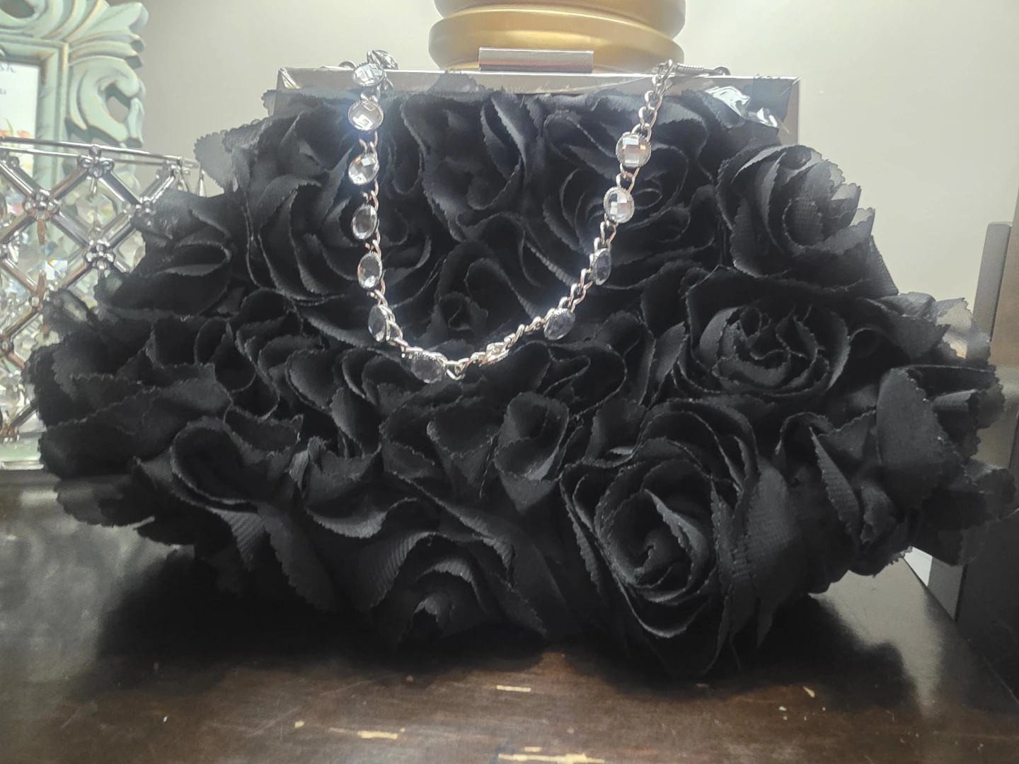 Black Rosette Clutch with Rhinestone Chain