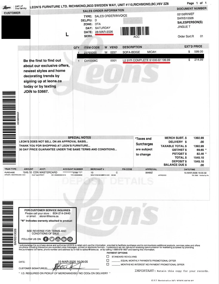 2 brand new Leons L2 Sofa Complete -  purchased March 28 2026 - photo 4