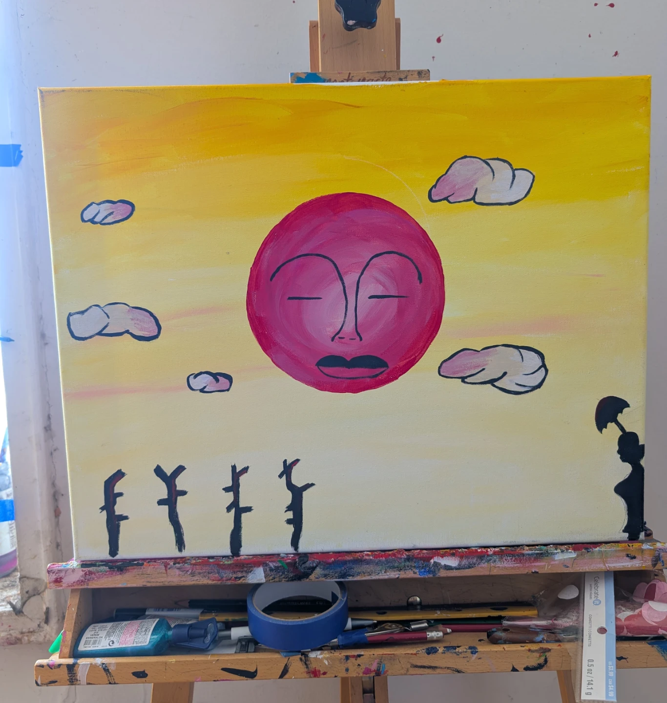 Original Acrylic Painting - Abstract Sun with Silhouette