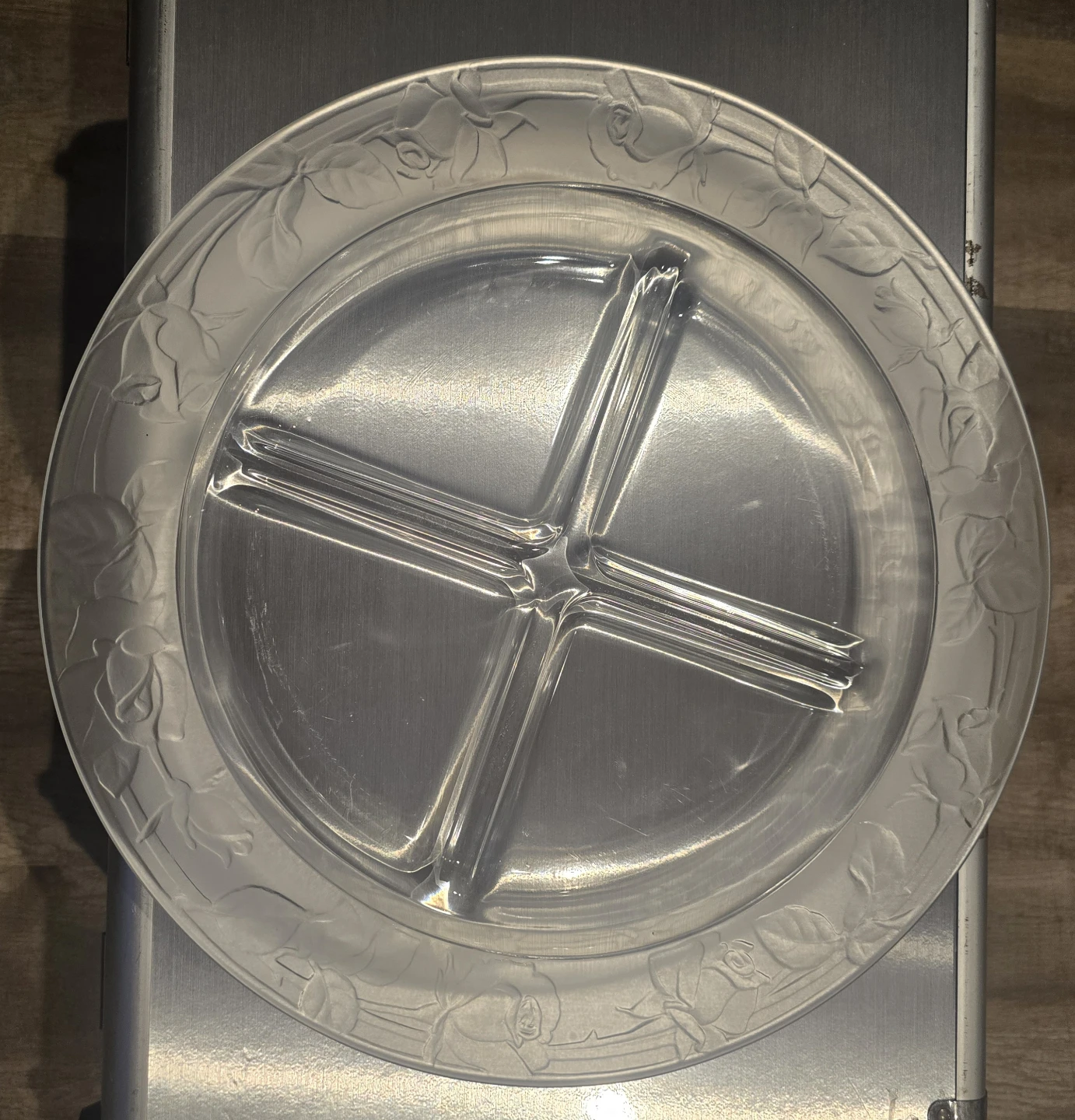 Glass Divided Serving Platter with Rose Embossing
