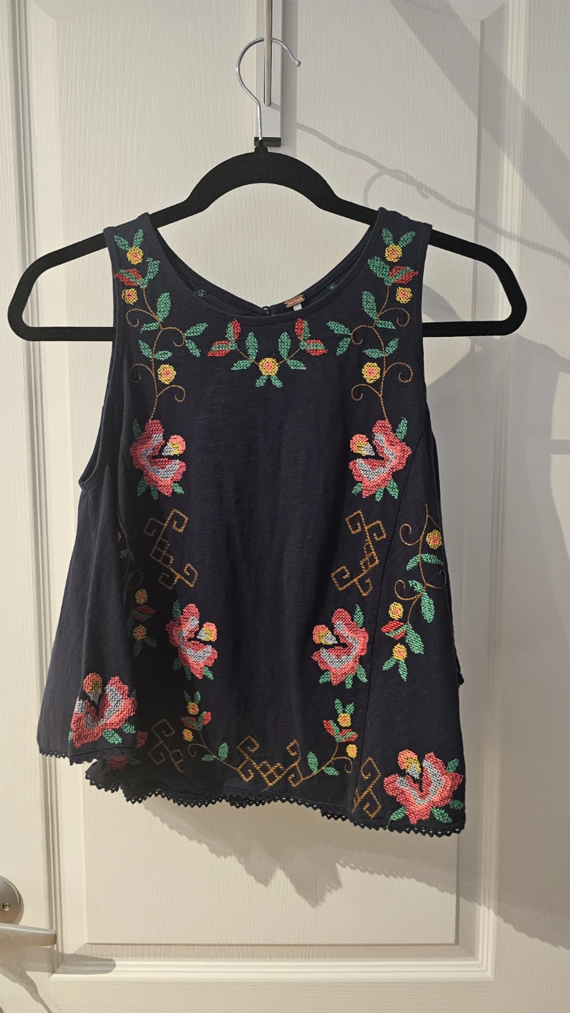 Free People Navy Blue Embroidered Tank Top
