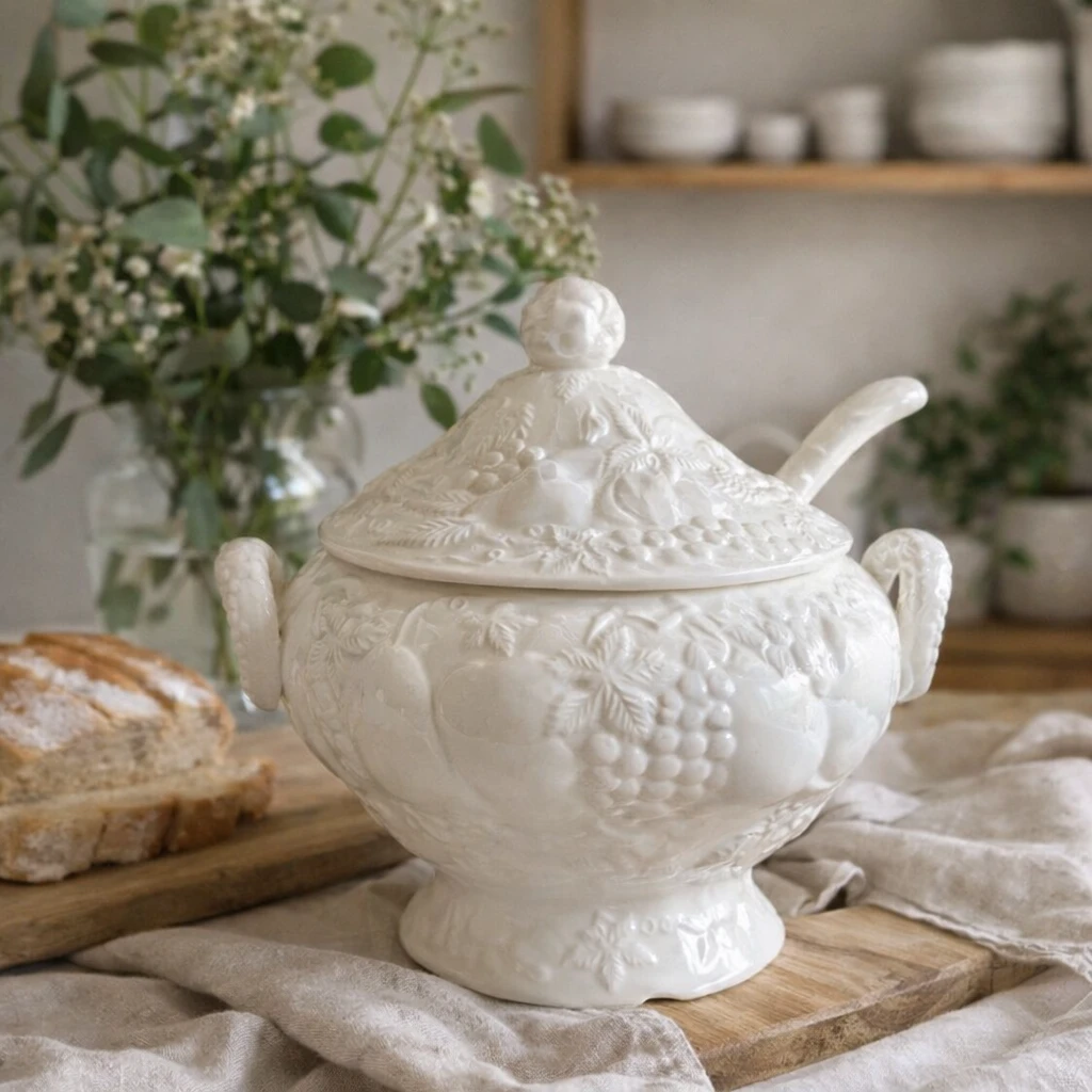 White Embossed Fruit Soup Tureen with Ladle