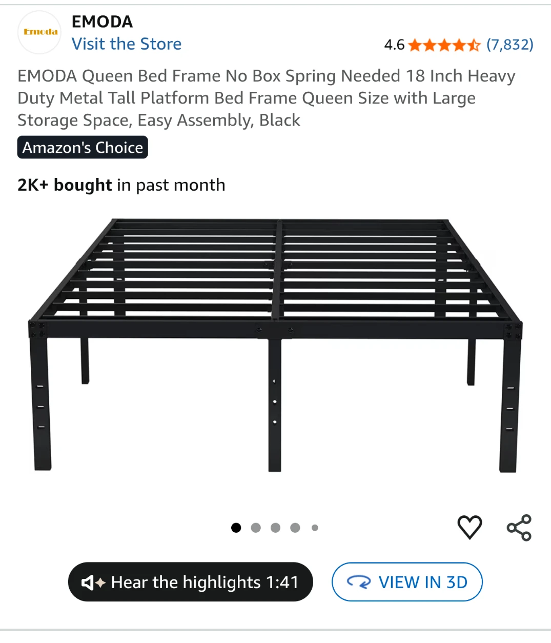 (NEW, IN BOX) EMODA Queen Bed Frame - Black, 18 Inch