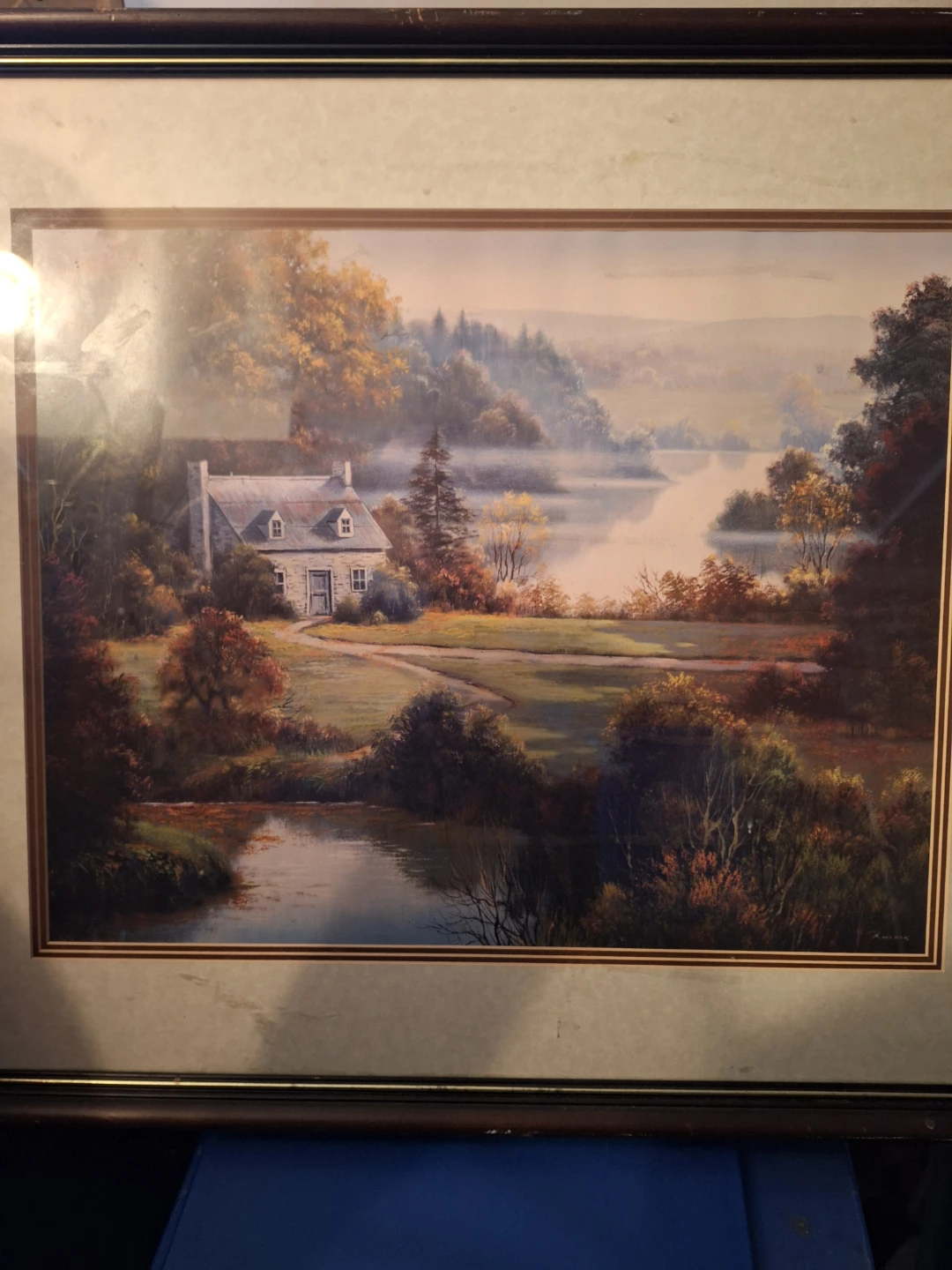 Framed Landscape Painting of a Cottage by a Lake