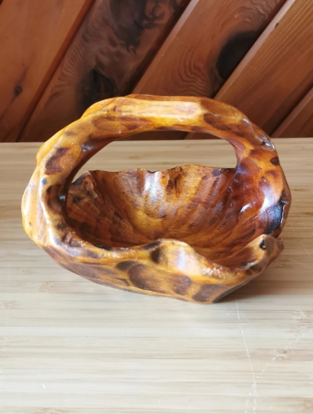 Small Vintage Hand-Carved Wooden Basket