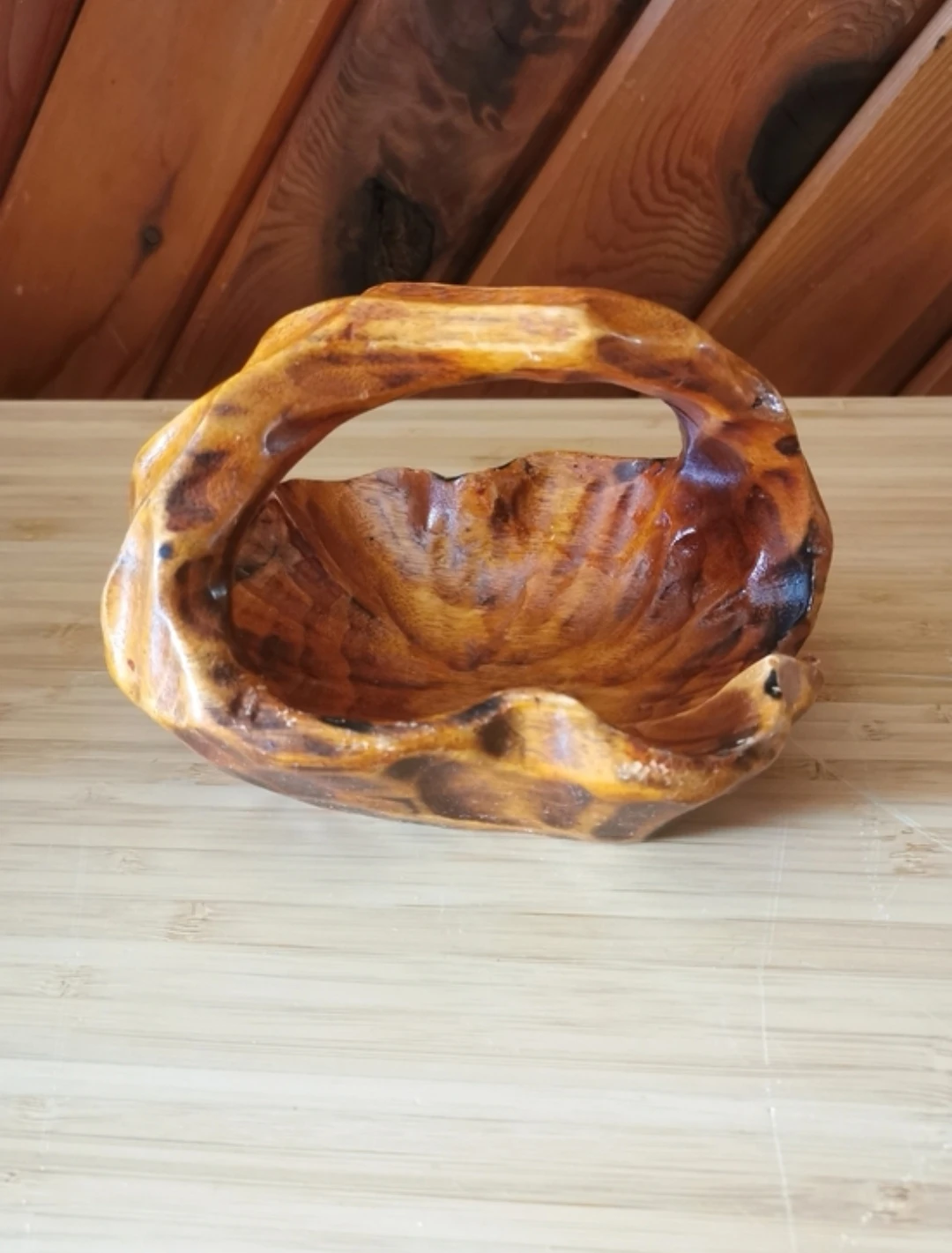 Small Vintage Hand-Carved Wooden Basket - photo 5