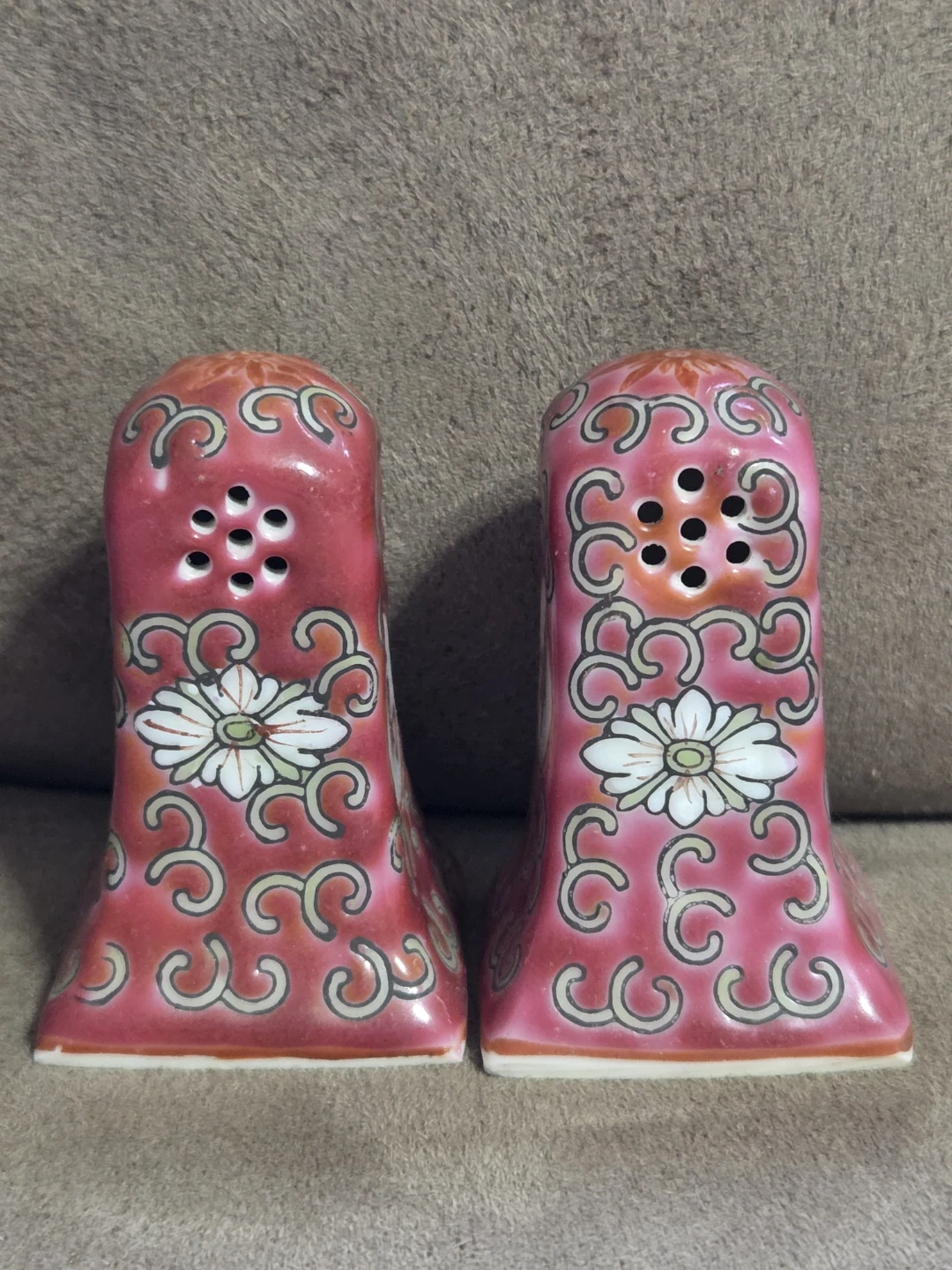 Vintage Pink Mun Shou Porcelain Salt and Pepper Shakers