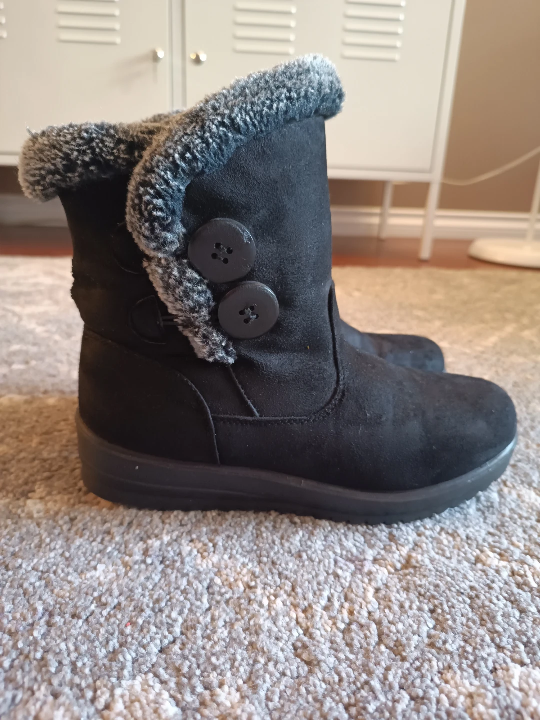 Black Faux Suede Fur Lined Winter Boots