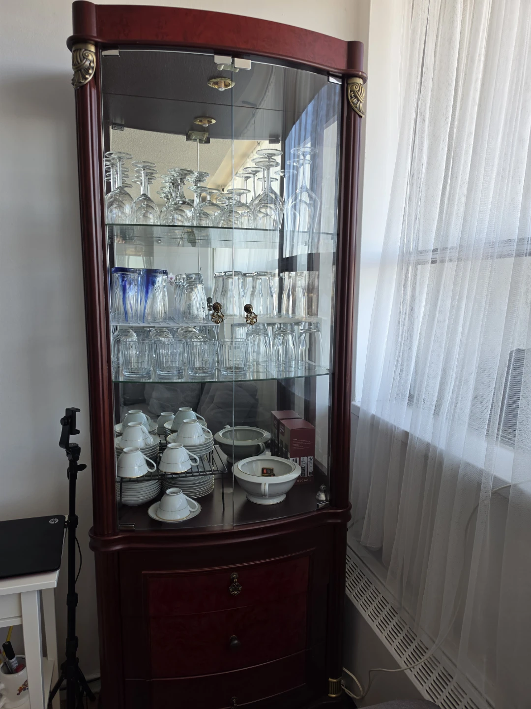 Corner Curio Cabinet with Glassware and Dishware