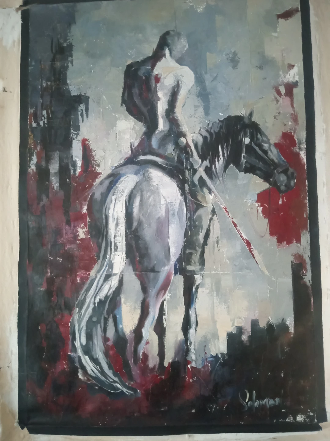 Original Abstract Oil Painting of Knight on Horseback - photo 3