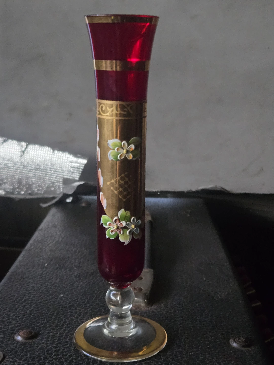 Red Glass Bud Vase with Gold Trim and Floral Design