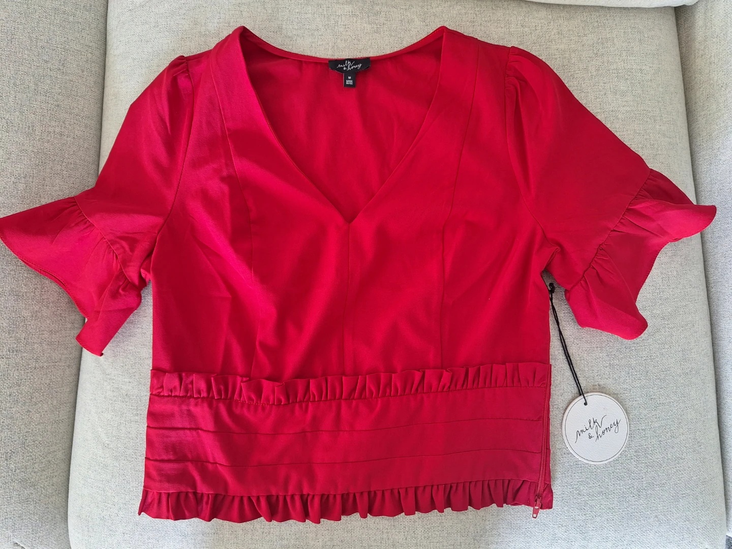 Milk & Honey Red Ruffle Sleeve Top - Size Medium