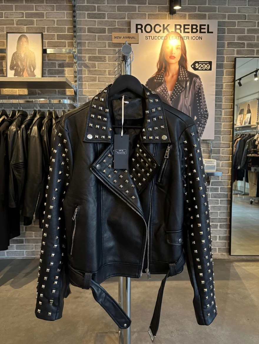 Black Studded Faux Leather Biker Jacket - photo 3