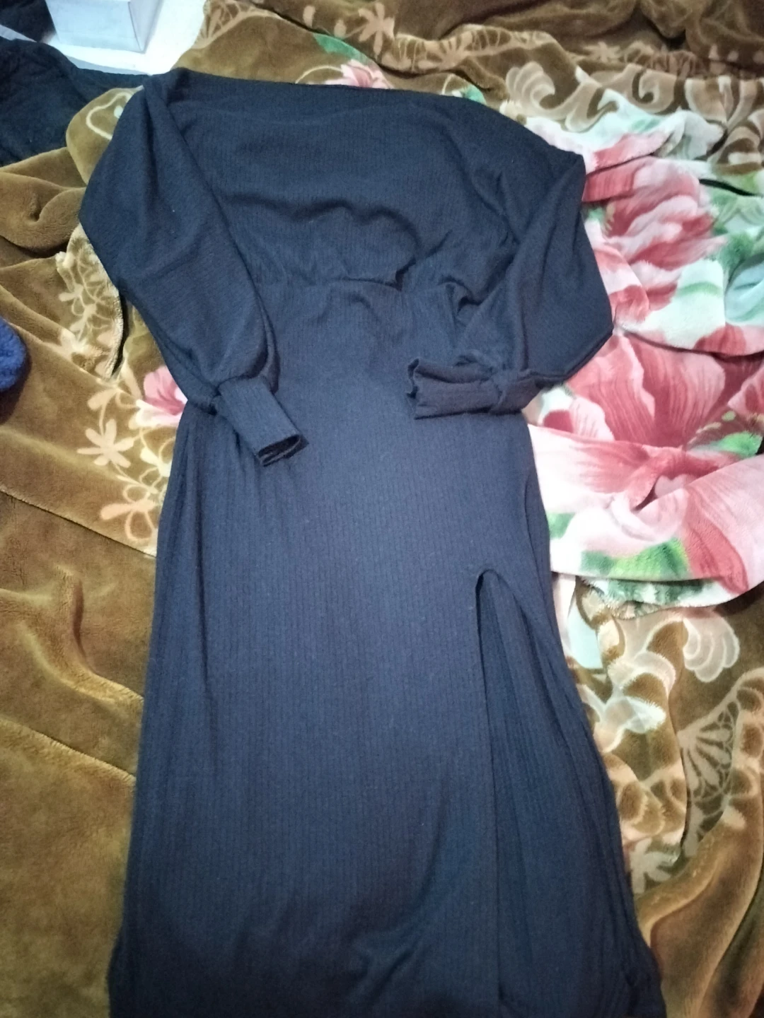Black Ribbed Midi Dress with High Slit