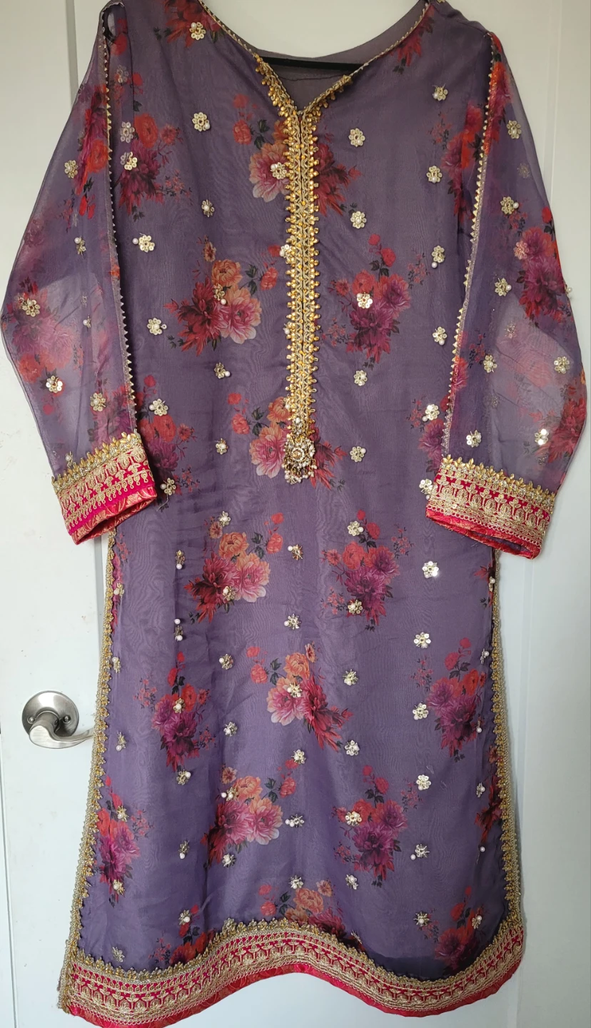 Purple Floral Print Kurti with Dupatta and straight pants