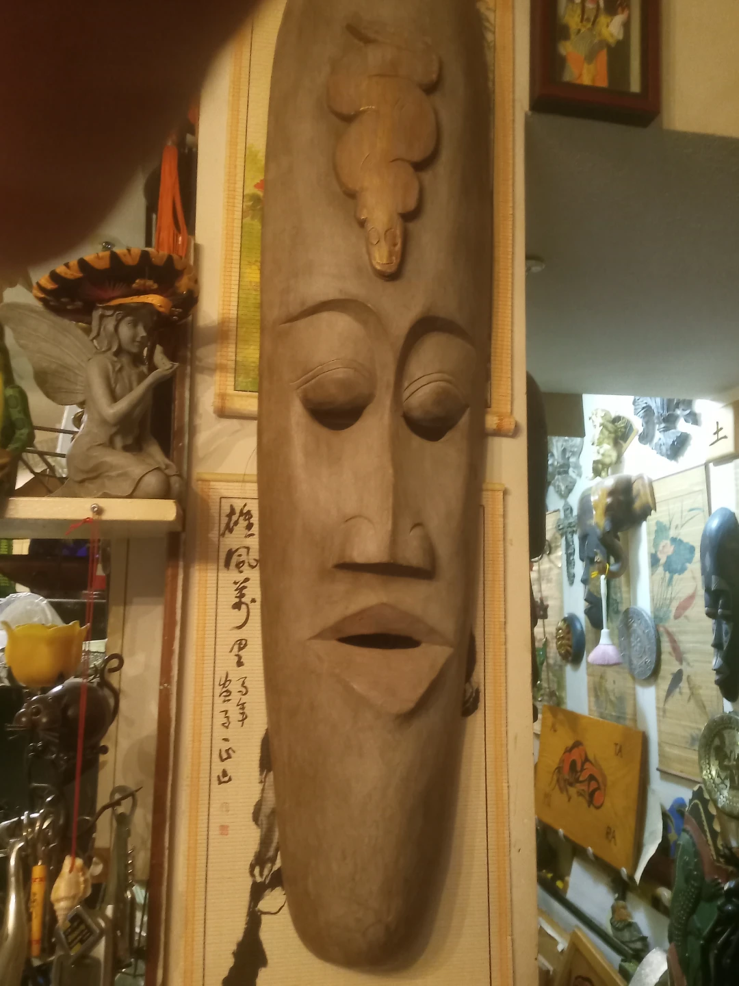 Carved Wooden Tribal Mask with Snake Detail