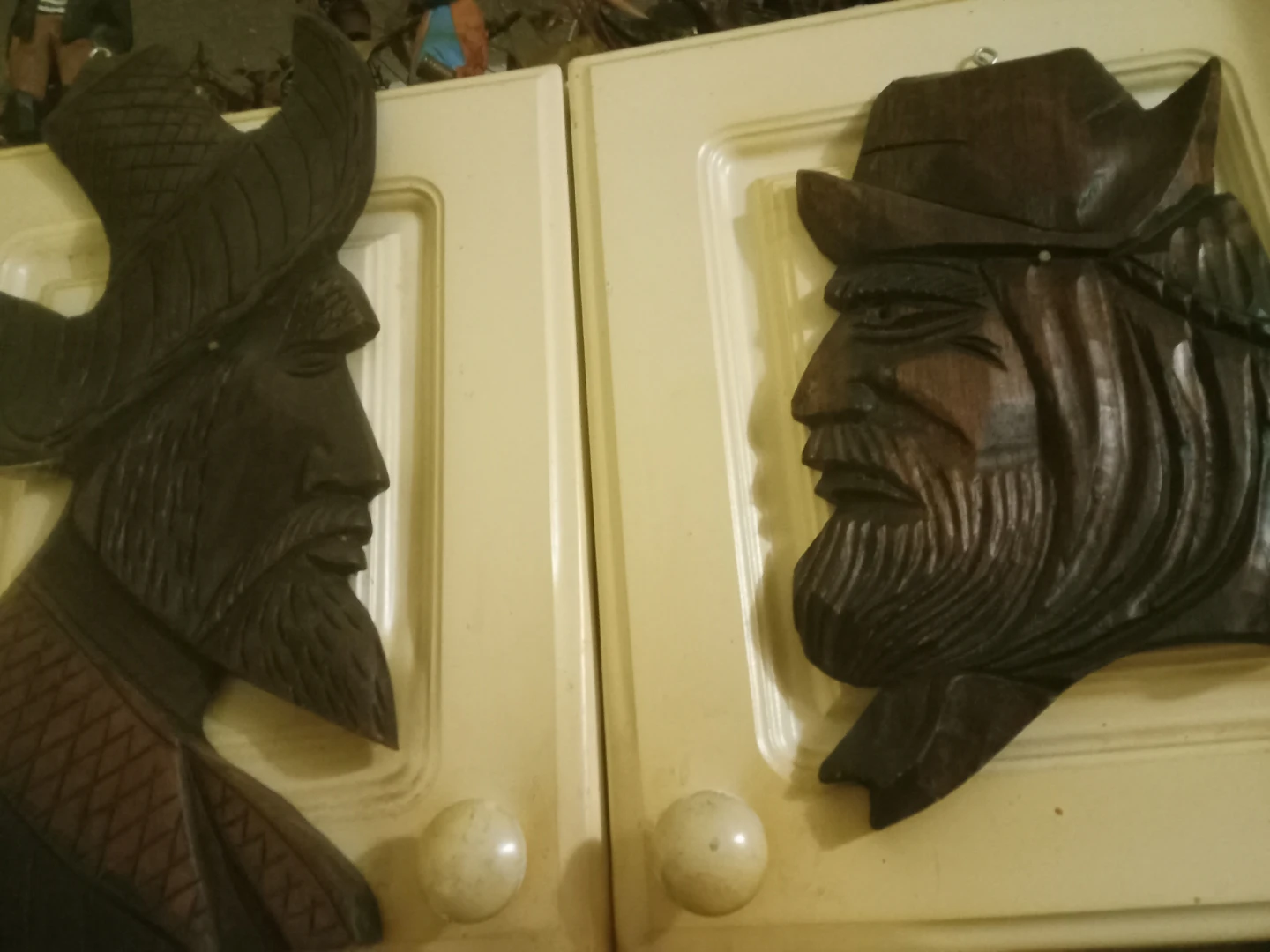 Set of 2 Hand Carved Wooden Cowboy Wall Hangings