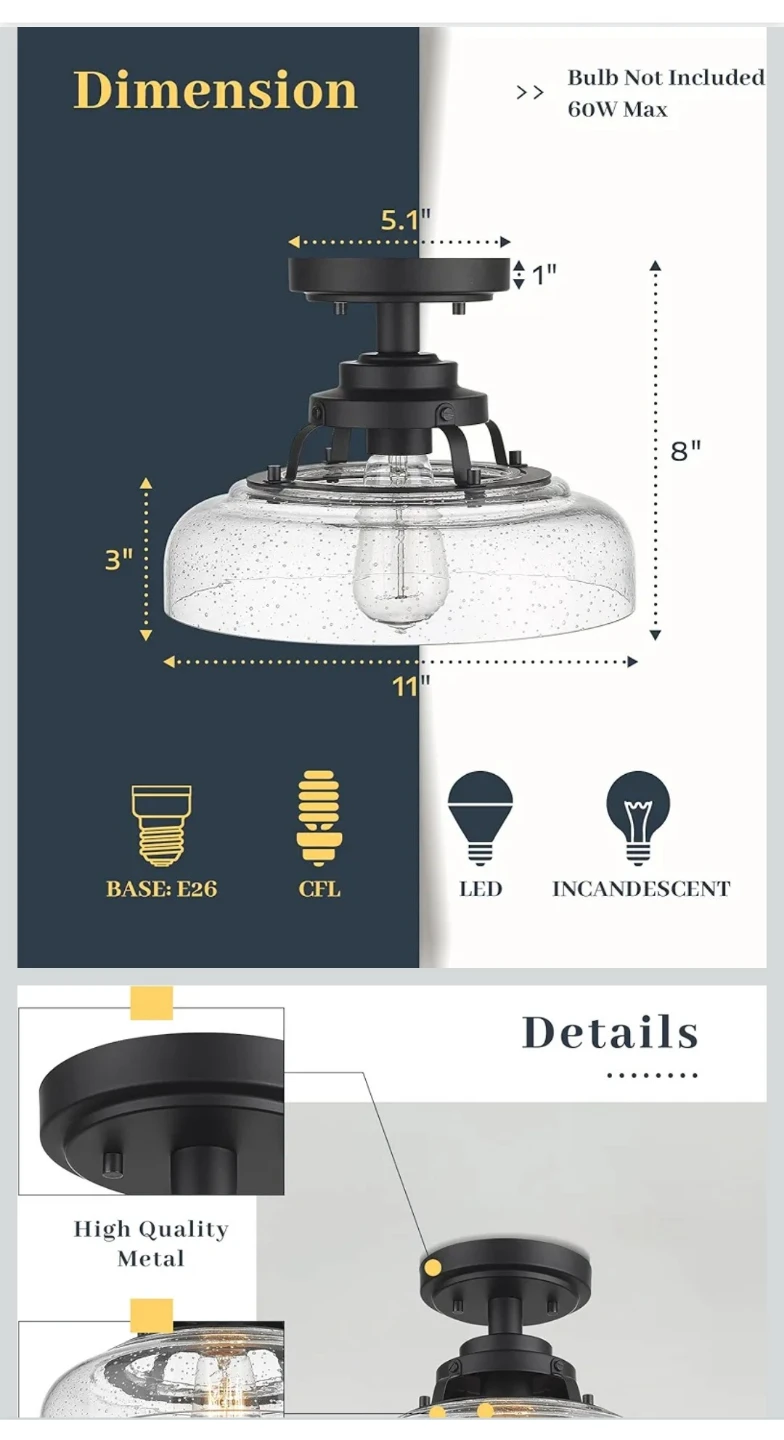 EAPUDUN Semi-Flush Mount Ceiling Light Fixture
