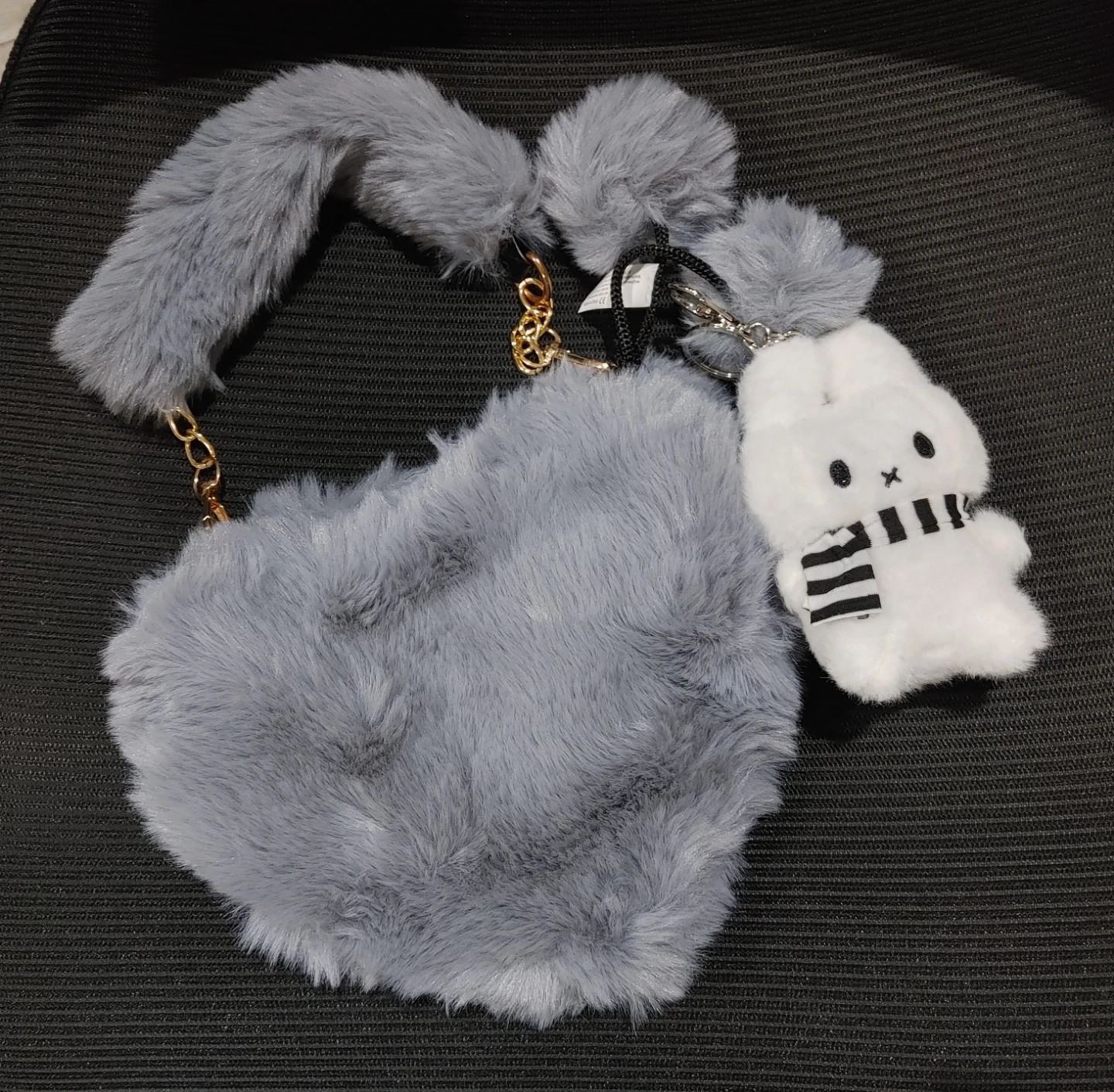 Grey Fuzzy Heart Shaped Bag and Rabbit Pendant-  New