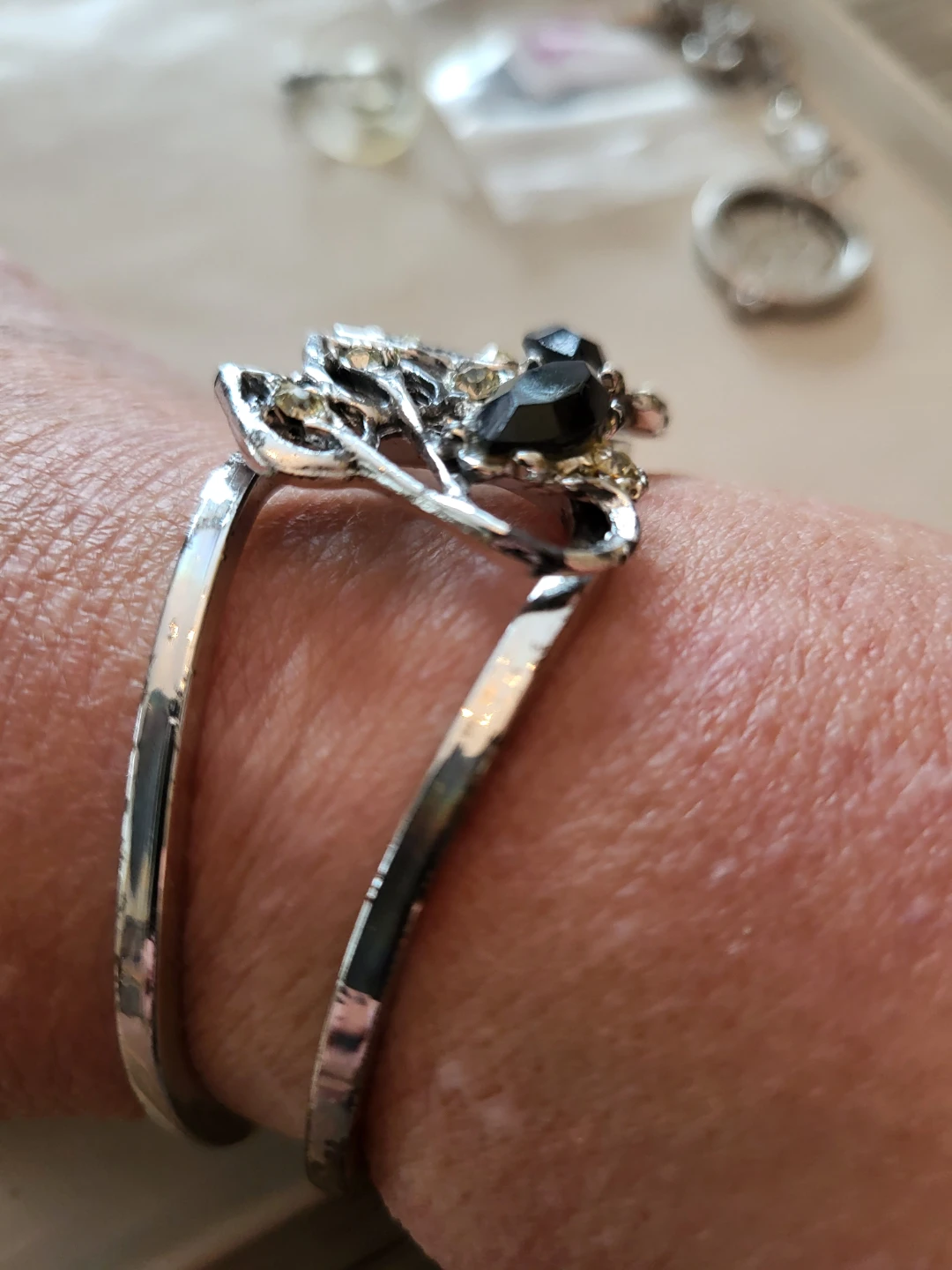 Silver-tone cuff bracelet with black marquise stones - photo 2