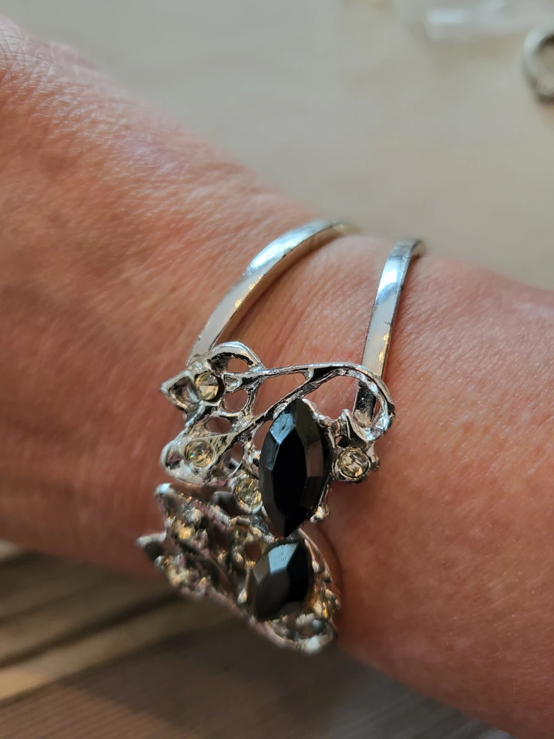 Silver-tone cuff bracelet with black marquise stones - photo 3