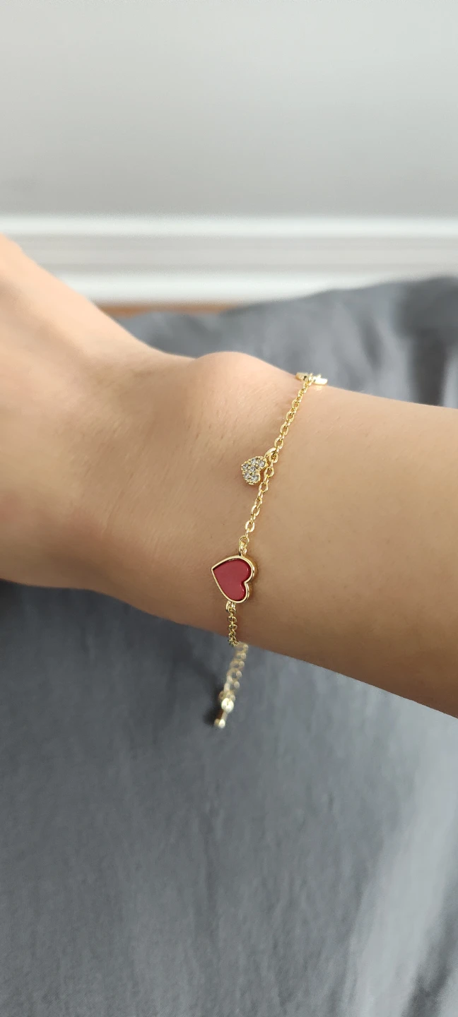 Gold-tone Bracelet with Red Hearts and Rhinestone Charm