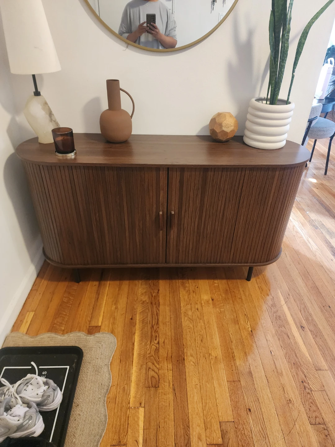 Mid-Century Modern Wood Sideboard Cabinet with Slatted Doors - photo 5