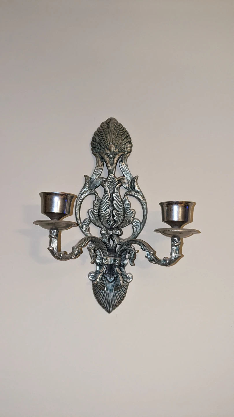 Ornate Silver-Tone Double Candlestick Wall Sconce