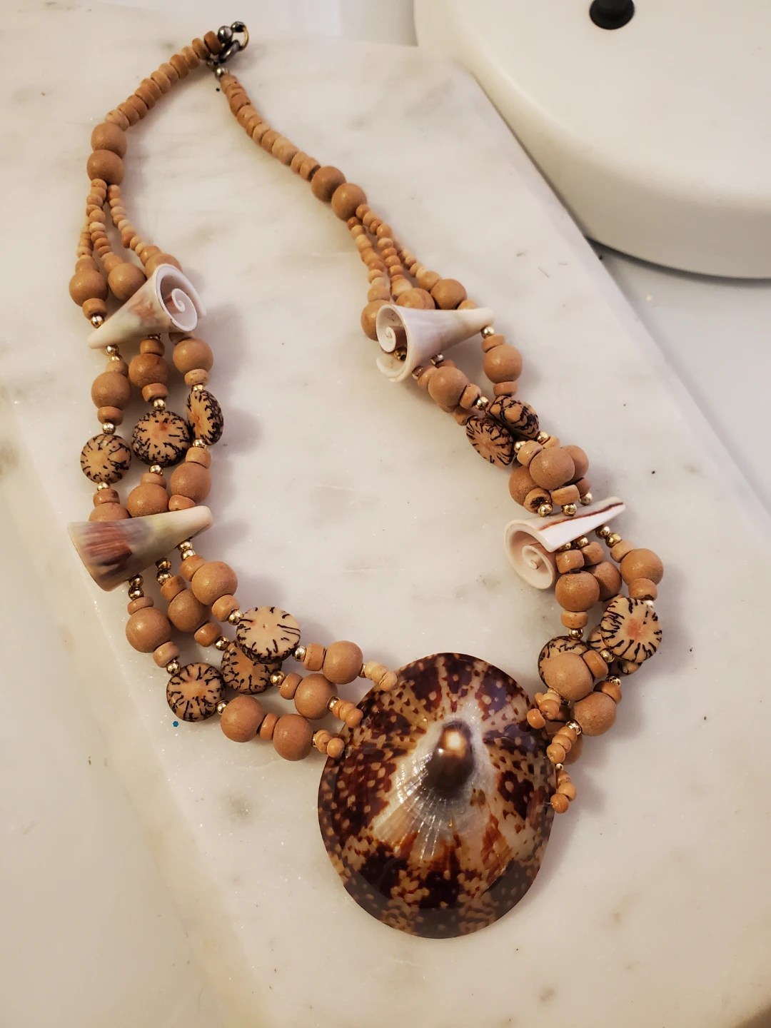 Wooden Beaded Necklace with Shell Pendant- Bought in Greece! 🇬🇷