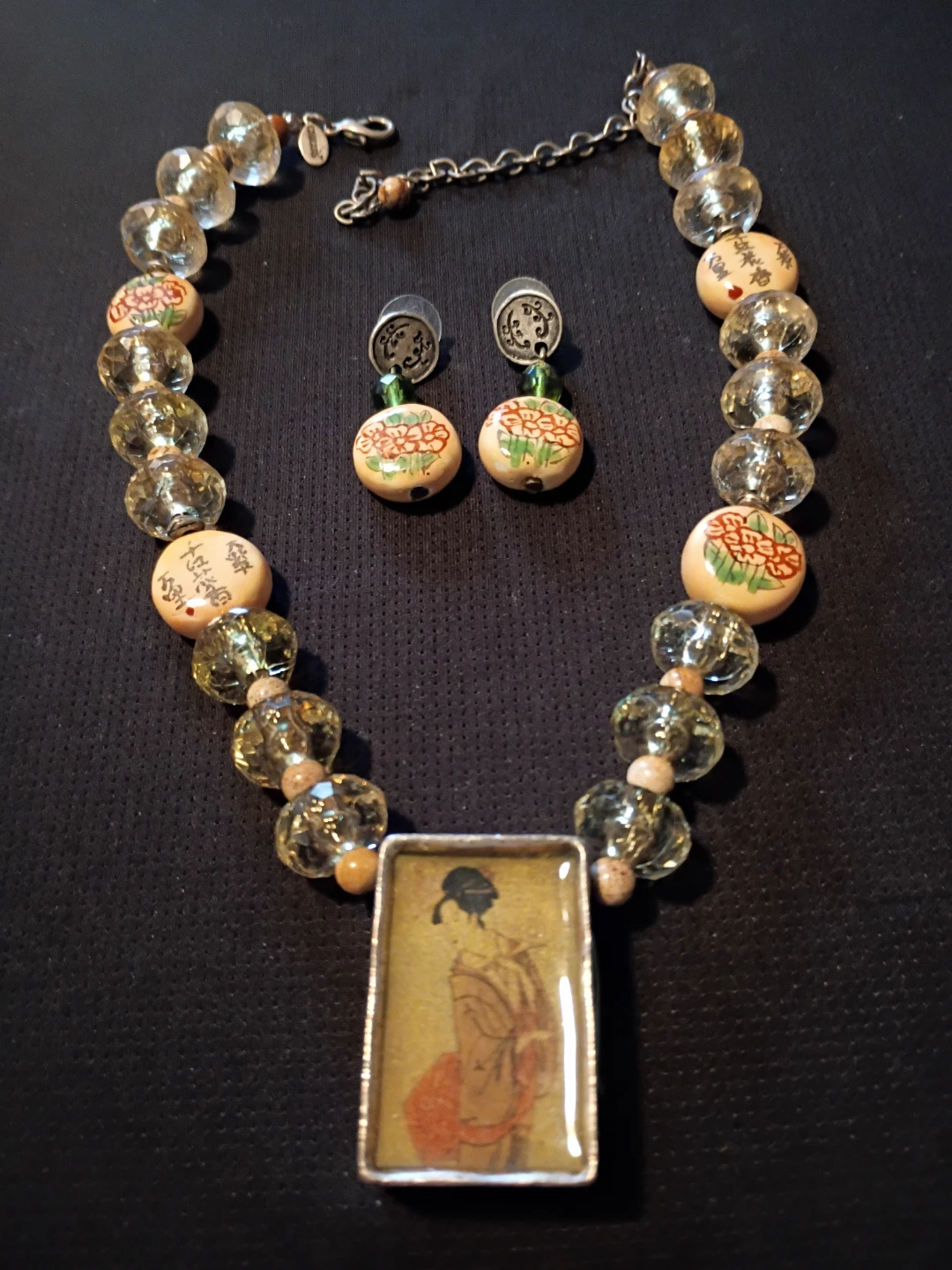 Chico's Necklace and Earrings Set with Asian Figurine Pendant