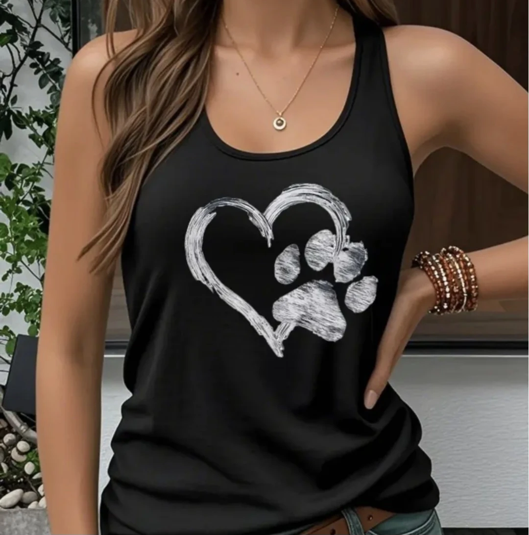 Black Tank Top with Heart Paw Print Graphic
