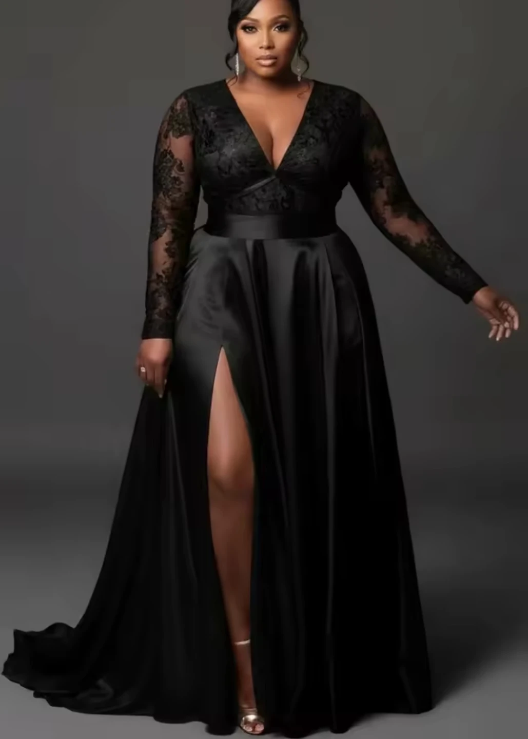 Black Lace and Satin Gown with High Slit