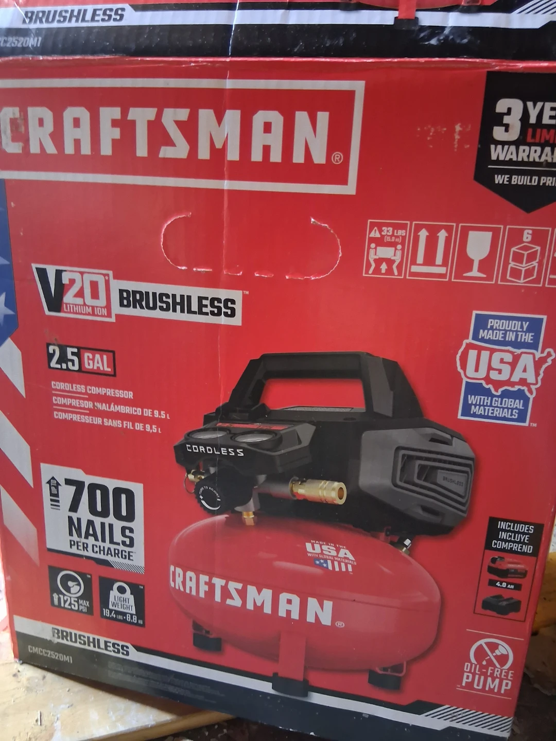 Craftsman V20 Cordless Brushless 2.5 Gallon Air Compressor