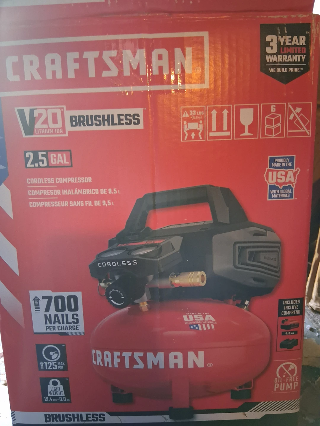 Craftsman V20 Cordless Brushless 2.5 Gallon Air Compressor - photo 2
