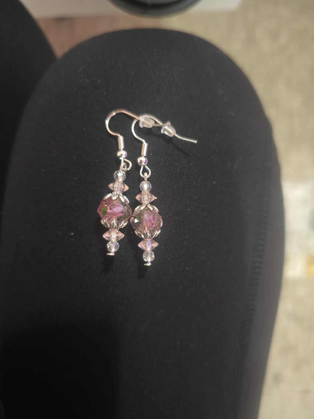 Dangle Earrings with Rose Beads and Crystals