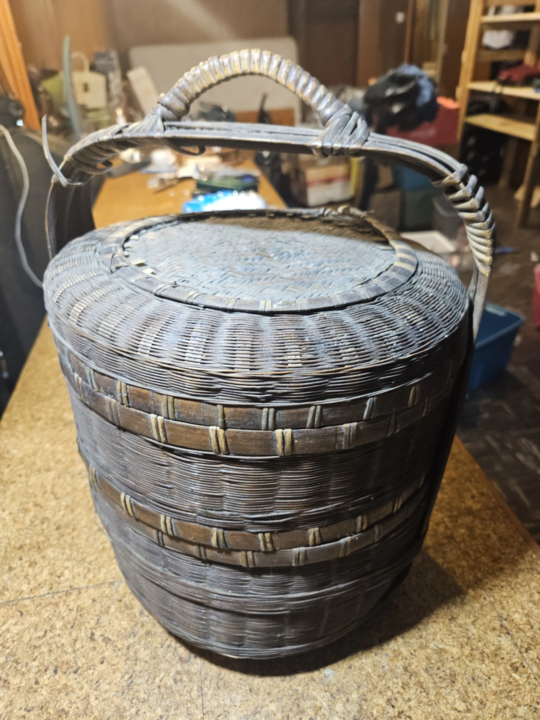 Vintage Stacked Wicker Basket with Lid and Handle - photo 2