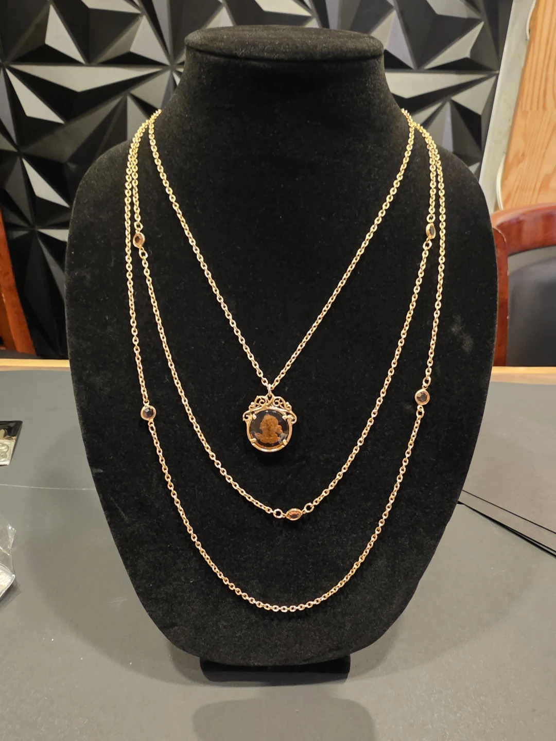 Gold Tone Layered Necklace with Amber Pendant