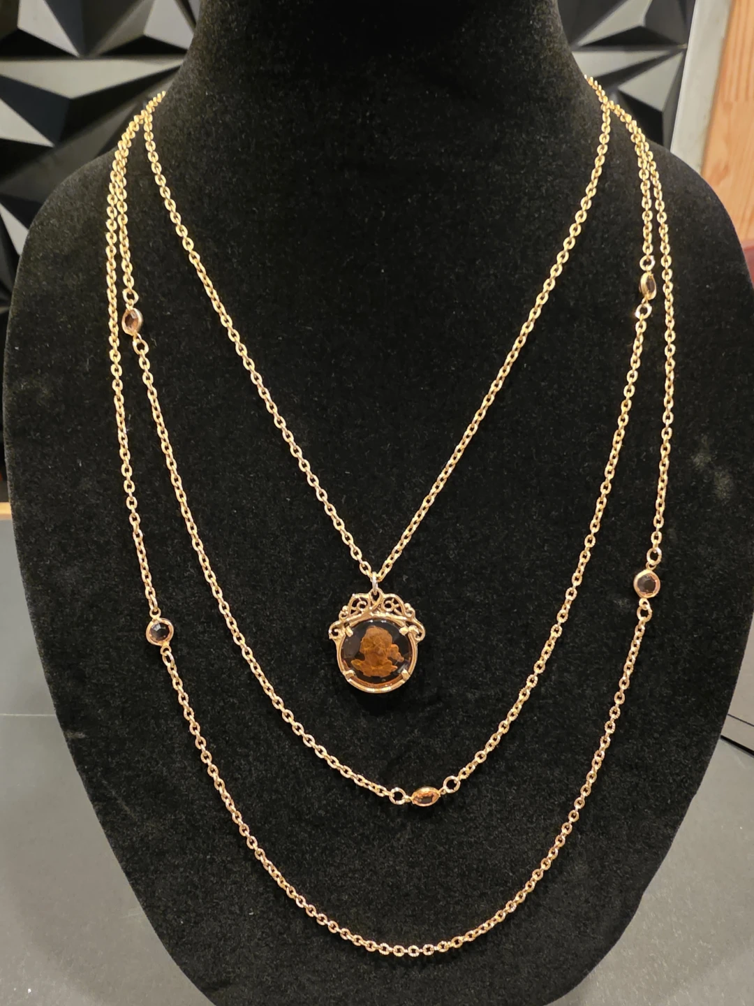 Gold Tone Layered Necklace with Amber Pendant - photo 2