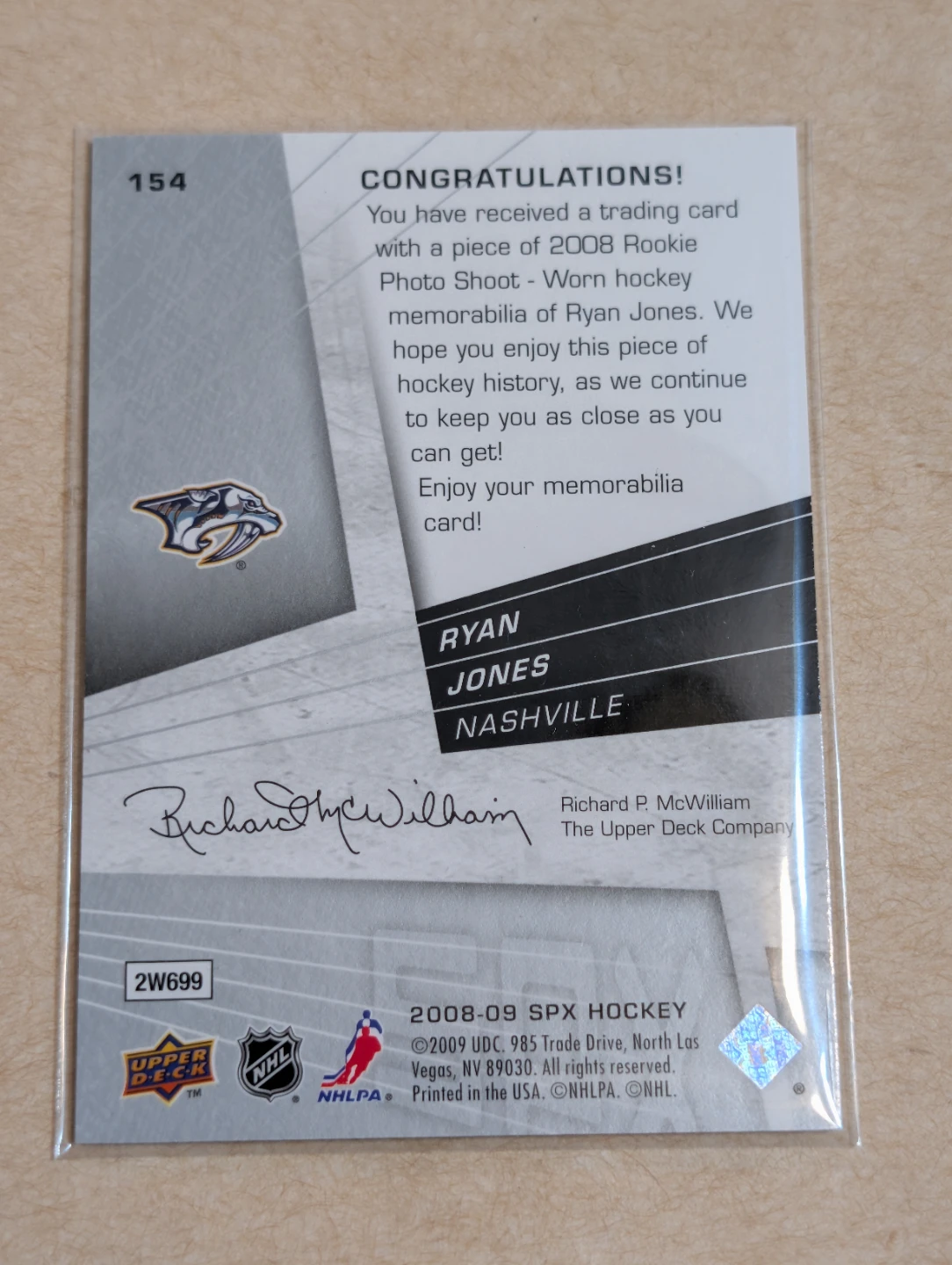 2008-09 SPX Hockey Ryan Jones Rookie Memorabilia Card - photo 2