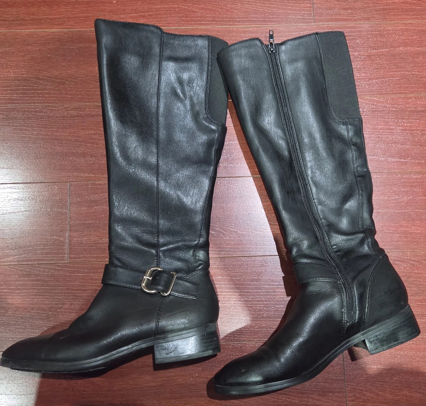 Waterproof Black Leather Knee-High Boots with Buckle Detail