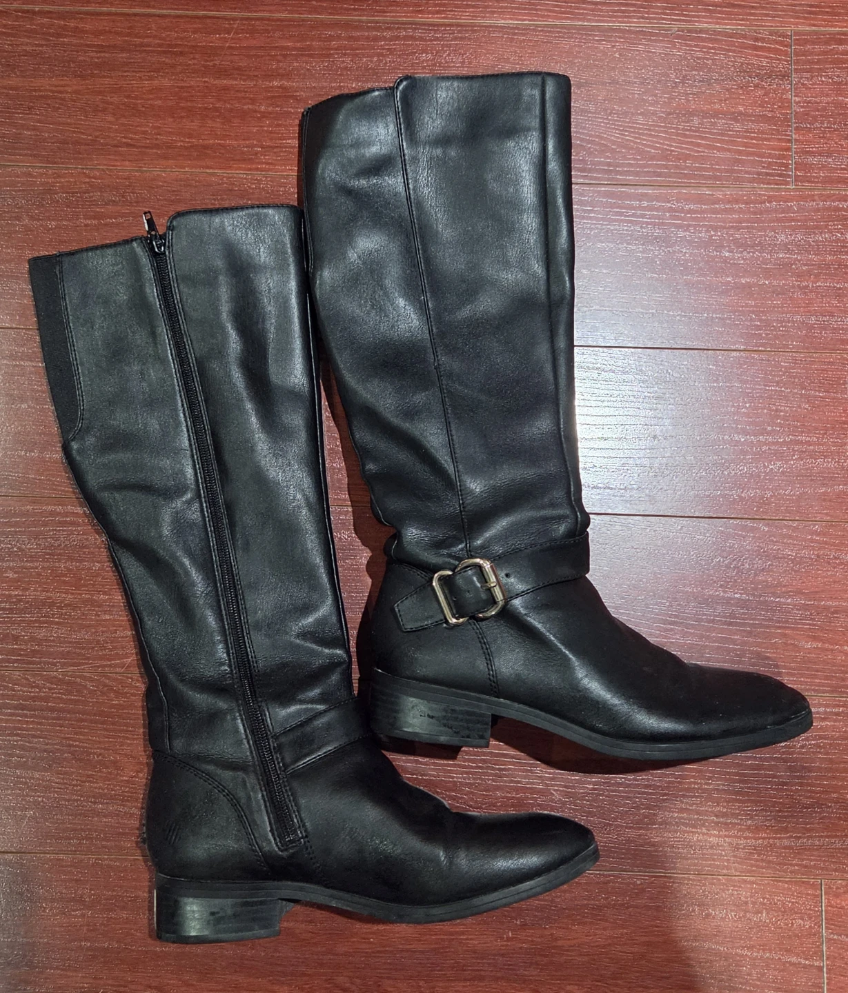 Waterproof Black Leather Knee-High Boots with Buckle Detail - photo 2